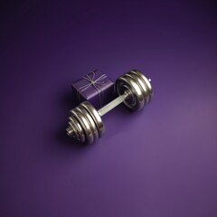 Metal dumbbell and gift on purple background. Sport gift with bow and ribbon. Advertisement of sporting goods store. Image for blogger, advertising campaign, post, banner or billboard. Social media