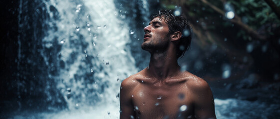 A man immersed in nature, rejuvenated by the refreshing spray of a waterfall