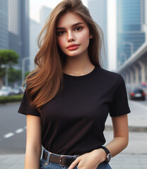 Design mock-up Girl flaunts a chic black tee