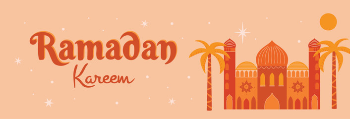 Ramadan Kareem vector media banner with Arabic traditional eastern architecture mosque illustration. Ramadhan. Muslim art background. Symbols of Eid Mubarak. Islamic banner with stars in cartoon style