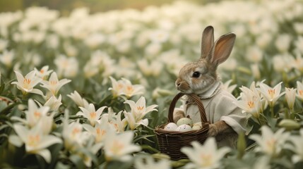 Rabbit Bunny in a flower Field with a chest of Easter Eggs. AI Generative