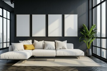 Modern Living Room Interior with Sofa and 4 Blank Frames, Home Decor Concept