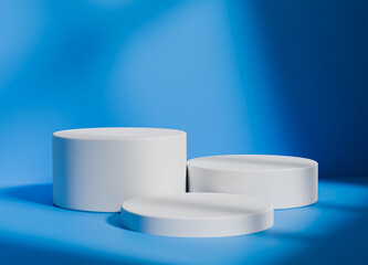 White cylinder podium with blue background for product display with shadows and light