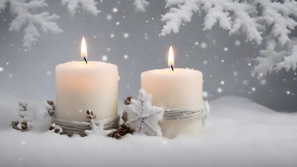 a lit candle sitting on top of snow covered ground, creating a warm glow against the wintry backdrop.