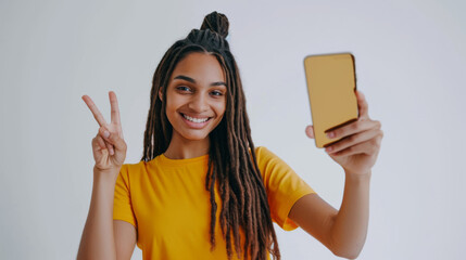 young woman with long hair is taking a selfie, smiling brightly, and making a peace sign with her hand, wearing a yellow t-shirt against a white background