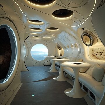 a futuristic space hotel lobby