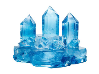 A picture of three isolated blue crystals standing on a blue platform.