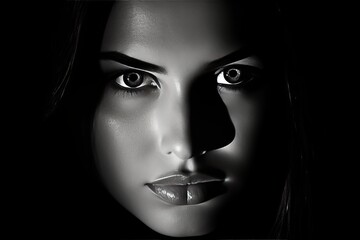 Intense stare, close-up portrait of a young woman in noir style, moody and mysterious look