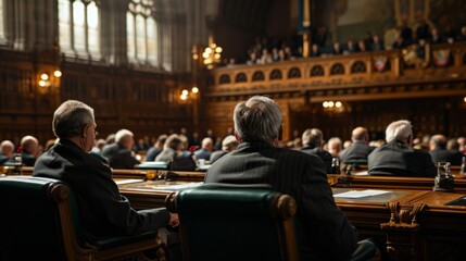 Parliamentary session, showcasing politicians engaged in passionate discussions. The image aims for authenticity. Speaker Giving a Talk at Business Meeting.