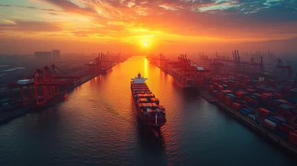 Fototapeten Container Cargo ship and Cargo plane with crane bridge in shipyard at sunrise, logistics import export and transport industry background, aerial drone view, © Zaleman