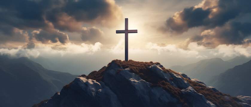 the cross of christ on the top of a mountain in a beautiful sunset - concept of giving hope