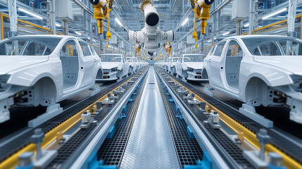 Automotive assembly factory technology, production, and transportation converge by robot, robotic operation, car assembly factory