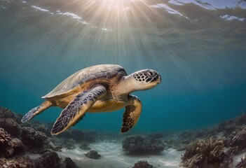 A magnificent giant golden sea turtle spreads its paws and swims in the blue depths of the sea