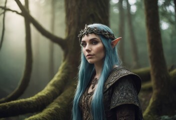 Elf girl dressed in a cape and with a wreath on her head in the forest. Fantasy elf from the forest. Beautiful fantasy woman.