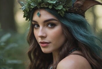 Naklejka premium Elf girl dressed in a cape and with a wreath on her head in the forest. Fantasy elf from the forest. Beautiful fantasy woman.