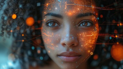 Wide angle image for banners or advertisements, showing young black woman working on holographic screen and global communication network concept. - obrazy, fototapety, plakaty