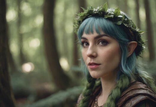 Elf girl dressed in a cape and with a wreath on her head in the forest. Fantasy elf from the forest. Beautiful fantasy woman.