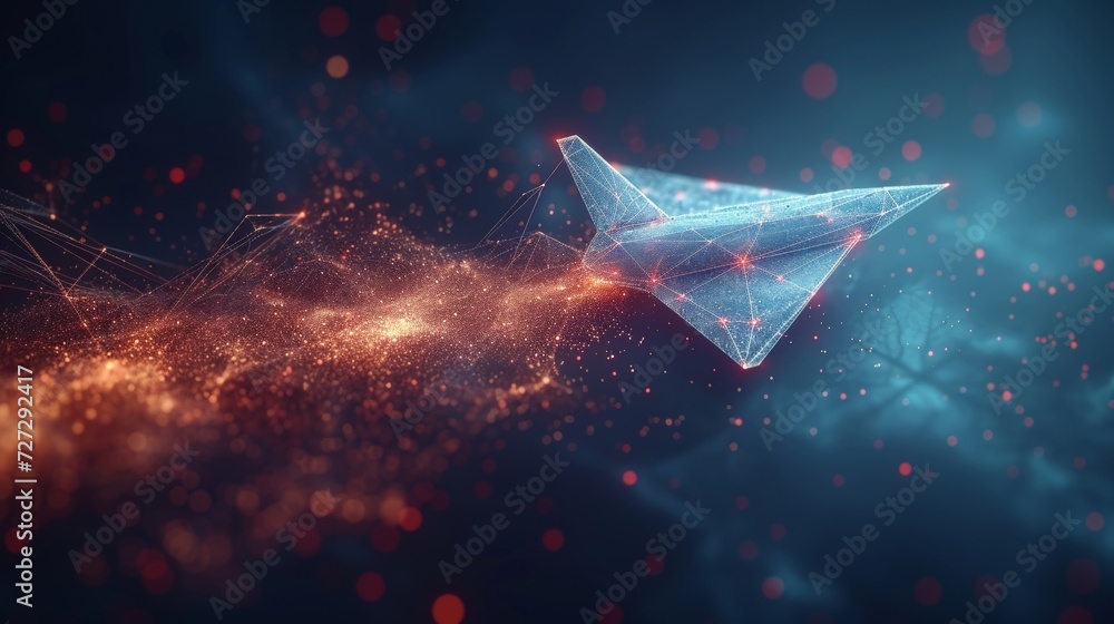 Aufkleber Low poly wireframe mesh looks like constellation on dark blue background with dots and stars. Stardust trail texture. Travel, freedom and aviation concept illustration or background.