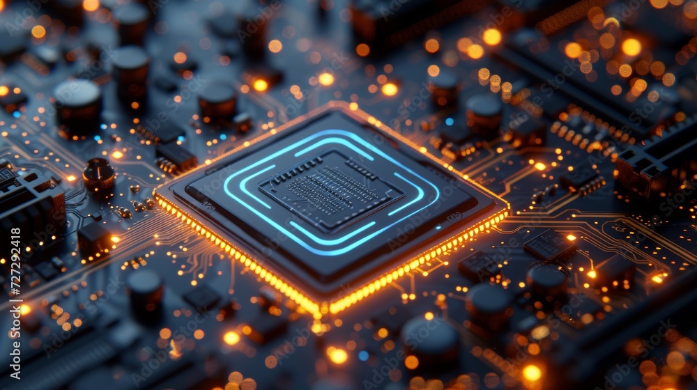 Poster Graphite circuit board texture background design. Quantum computer concepts, large data processing. Futuristic blue circuit board design.
