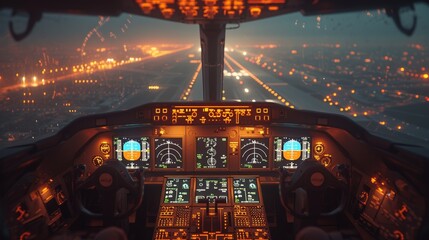 An airplane takes off with an airport in the background. Air transport navigation, aircraft innovation, aviation technology, AI in aviation, night flights, cargo journeys. - obrazy, fototapety, plakaty