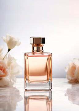 Perfume bottle and flowers on a white surface. Copy space. Mockup. Beauty and fashion concept.