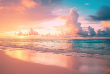 Fototapeta na wymiar Panoramic Beach Landscape: Close-up Sea Sand, Tropical Sunset Sky, Calmness, Relaxation