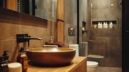 The cozy atmosphere of bathroom, with luxurious wooden sink and ambient lighting. Interior design, comfortable lifestyle