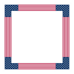 American flag motif, square frame. Border made with stars and stripes pattern, based on the national flag of the United States. White five pointed stars on blue ground with red and white stripes.