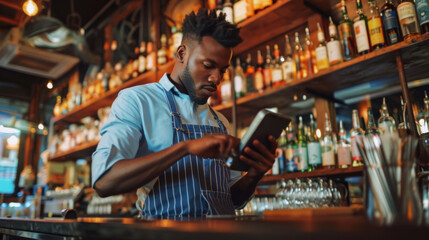 focused bearded man in a blue striped apron using a tablet in a bar setting