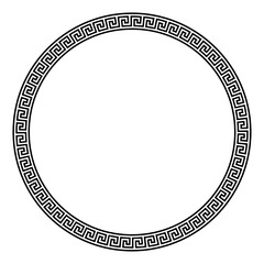 Large meander circle frame, with seamless Greek key pattern. Decorative border with Greek fret motif, constructed from continuous lines, shaped into a repeated motif. Isolated illustration over white.