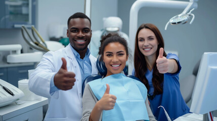 male dentist and a female dental assistant are giving thumbs up with a female patient