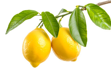 Two Lemon fruits hanging with branch and leaves PNG