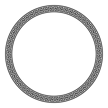 Large meander circle frame, with seamless Greek key pattern. Decorative border with Greek fret motif, constructed from continuous lines, shaped into a repeated motif. Isolated illustration over white.