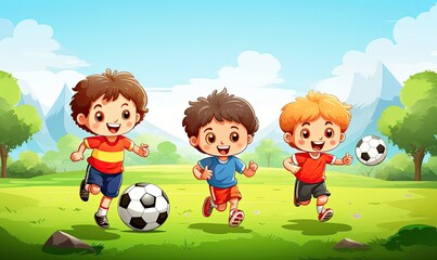 Obraz na płótnie Canvas Three Kids Playing Soccer in the Park