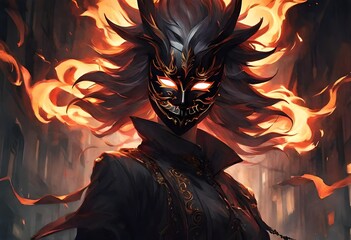 "Envision an electrifying scene where a fiery party mask emerges from the shadows, beautifully contrasting with a black, smoky atmosphere. Capture the essence of the moment while incorporating
