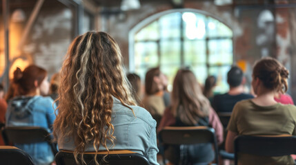 person is standing with their back to the camera, addressing an audience in what appears to be a public speaking event or conference