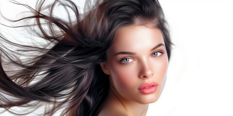 Fototapeta premium Portrait of a beautiful young female model woman shaking her beautiful brunette hair in motion, ad for shampoo conditioner hair products on white background.