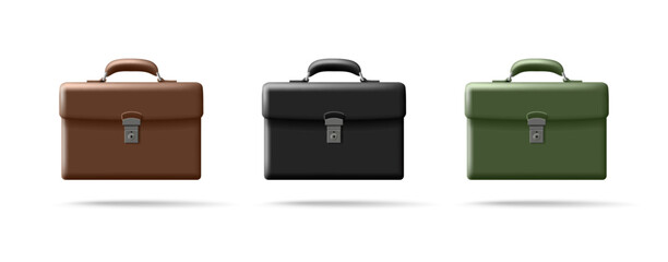 Set of colored briefcases, 3D icon. Business portfolio, finance, management, diplomacy. For web design isolated briefcases on a white background. Vector