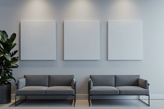 Modern Interior with Three Blank Canvases, Art Display Concept