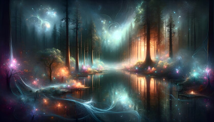 Verzauberter Wald bei Nacht. Wunderschöne Lichtkomposition. Beruhigende, mediative Szene. Entspannung  und Relaxation.