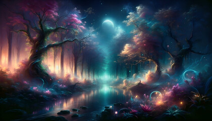 Obraz na płótnie Canvas Verzauberter Wald bei Nacht. Wunderschöne Lichtkomposition. Beruhigende, mediative Szene. Entspannung und Relaxation.