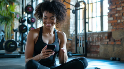 Fototapeta na wymiar young woman is seated on a gym floor in workout attire, looking at her smartphone, with weightlifting equipment in the background