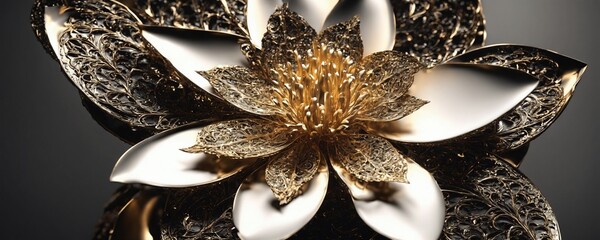 there is a gold flower that is sitting on a black surface