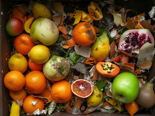 Visual contrast between fresh fruits and food remnants in a trash bin, highlighting the issue of food loss. Stop Food Waste Day