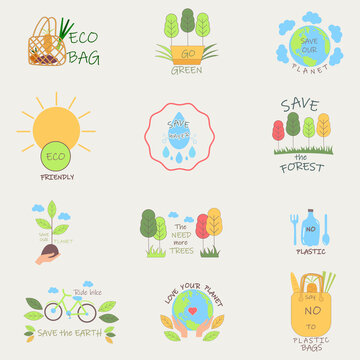 A set of icons and pictures with climate agenda and green development.  Concept of careful attitude to the planet and nature. Vector illustration.