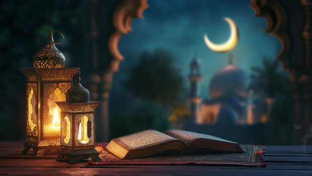 Ramadan arabian lantern with the quran, mosque background with moon, blue style color animation looping video 4k