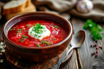 Russian Borscht Soup with Sour Cream, Healthy Food Concept