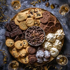 Sweet Gift, Round Board with Different Chocolates, Chip Cookies, Chocolate Macrons, Meringue Cookies