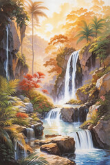 Tropical Waterfall Oasis at Sunset