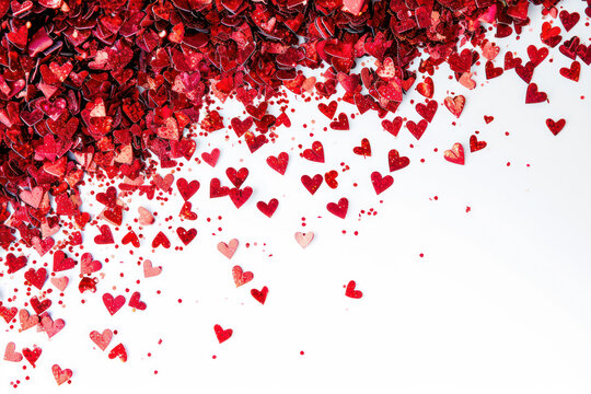 Valentine's Day background with red hearts and petals on white. Love and romance.